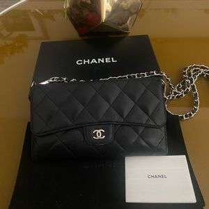 ONSALE!!!  Authentic lambskin chanel wallet on a costume chain for crossbody